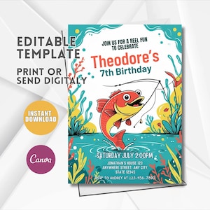 Fishing Birthday Invitation Template, Fishing Birthday Invite, Fish Bday invitation, Reel in the Fun, Boy Birthday, Editable Canva Template