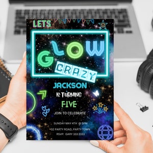Invitación editable para fiesta de cumpleaños con efecto luminoso, invitaciones con efecto luminoso de género neutro, plantilla para fiesta con efecto luminoso, invitaciones para fiesta de neón, plantilla editable para fiesta con efecto luminoso