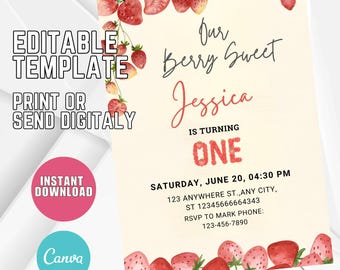May include: A printable invitation template with a watercolor strawberry design. The text reads "Our Berry Sweet Jessica is turning ONE" with event details. Includes "Editable Template" and "Instant Download" text.