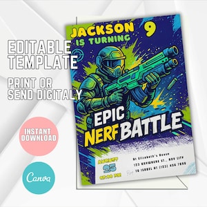 Invitation imprimable Nerf War, Invitation d'anniversaire Nerf, Dart Gun Battle Invitation d'anniversaire modifiable Fête des garçons célébration Téléchargement instantané T5