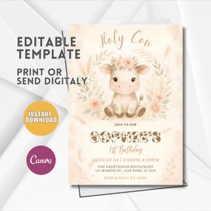 Editable Holy Cow Birthday Invitation Template, Holy Cow Birthday Invitation, Cowgirl Invitation, Holy Cow invitation Q67