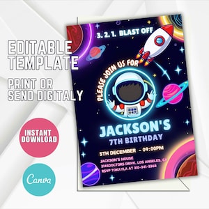 Invitation fête d'anniversaire espace, invitation galaxie modifiable, anniversaire de l'espace, astronaute fusée spatiale imprimable anniversaire enfants inviter A12