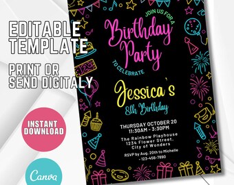 Neon Birthday Invitation: Glow Party, Editable Canva Template (Digital Download)