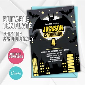 Convite editável de super-herói, convite para festa de morcego, convite de aniversário de morcego super-herói, tema de convite para festa de aniversário de morcego, modelo Canva S42