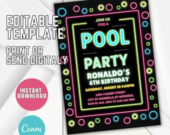 Pool Party Invitation: Kids Swimming Birthday, Editable Canva Template (Digital Download)