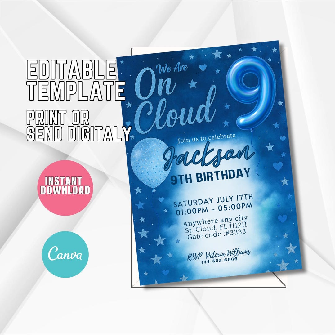 Editable on Cloud Nine Birthday Invitation, Sky Blue (digital Template ...