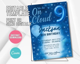 May include: A blue birthday invitation with the text "We Are On Cloud 9" and "Jackson 9th Birthday". The design includes a balloon, stars, and event details. The invitation is an editable template.