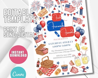Editable 4th of July BBQ Invitation Template (Digital Download)