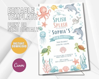 Oneder the Sea Birthday Invitation, Ocean Animals Party Invite (Digital Canva Download)