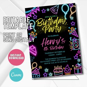 Editable Neon Birthday Party Invitation, Glow Birthday Party Invite, Glow in the Dark, Teen Party Invitation, Neon Birthday Invitation G15