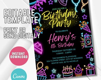 Bearbeitbare Neon-Geburtstagseinladung, Glow Party Theme (Digitaler Download)
