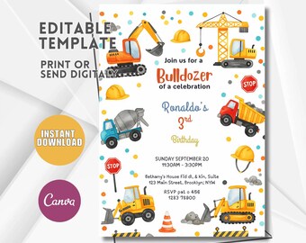 May include: A colorful invitation template with construction vehicles, including an excavator, crane, and dump truck. The text reads "Bulldozer of a celebration" and "Ronaldo's 3rd Birthday". Includes the text "Editable Template" and "Instant Download".