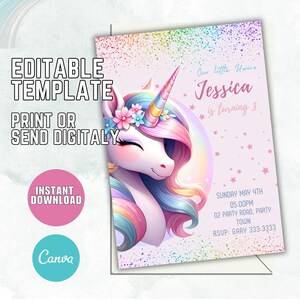 Unicorn Rainbow Birthday Invitation, Editable Pink Girl Party Invite Template, Printable Unicorn Digital Download for Kids Birthday Party U9