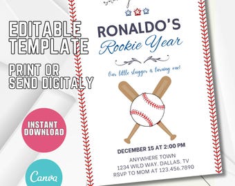 Puede incluir: Invitación con temática de béisbol con el texto "RONALDO'S Rookie Year". El diseño incluye una pelota de béisbol y bates cruzados, con costuras rojas en los bordes. El texto adicional incluye "Plantilla editable", "Imprimir o enviar digitalmente" y "Descarga instantánea".