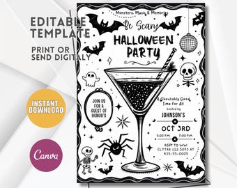 Editable Hand Drawn Halloween Party Invitation, Whimsical Costume Party Template, Printable Spooky Celebration Digital Download S55