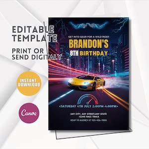 Editable Race Car Birthday Invitation, Sport Race Car Invite, Boys Invitation, Car Birthday Invitation, Canva Template Digital download Z23