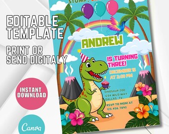 Editable Dinosaur Birthday Invitation, Tropical T-Rex Party Invite, Volcano Theme Printable, Kids Prehistoric Birthday Download P32