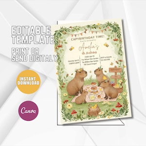 Editable Capybara Birthday Invitation Template, Printable Invite, Capibara Birthday, Capy Birthday Party Invite, Kids Capi Birthday Invite