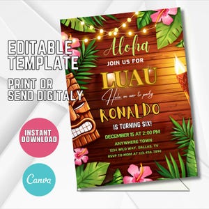 May include: A tropical-themed invitation with the word "Aloha" at the top. The invitation features a wooden background, floral and leaf accents, and the text "Luau" and "Ronaldo is turning six!"