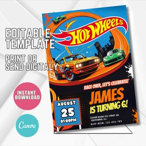 Invitación de cumpleaños editable de Hot Wheels, invitación para fiesta de autos de carreras, plantilla de invitación de cumpleaños de Hot Racing Cars, invitación para fiesta de cumpleaños de Hot Cars (W35)