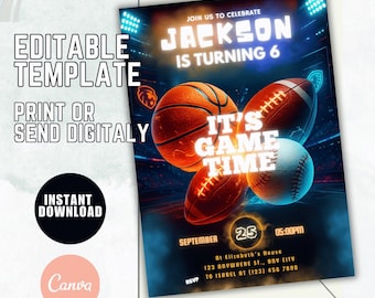 Editable Sports Birthday Invitation, Sports Party Invitation, Sport Theme Invite, All Star Sports Invitation, Instant Download