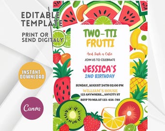 Two-tti Frutti Birthday Invitation, 2nd Birthday, Canva Template