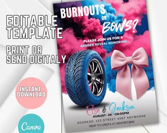 Editable Burnouts or Bows Gender Reveal Invitation (Digital Download)