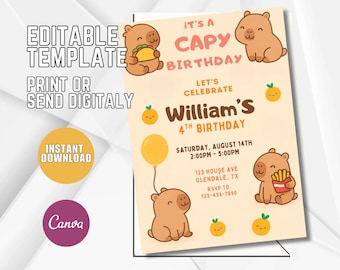 Capybara Birthday Invitation, Kawaii Party, Kids Animal Theme (Digital Template)