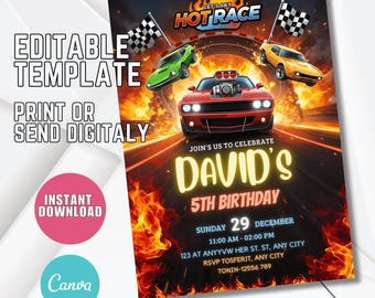Editable Hot Racing Cars Birthday Invite, Hot Cars Birthday Party Invitation, Hot Wheels Race Car Birthday Party Template, Canva Editable