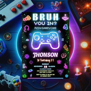 Bearbeitbare Bruh-Geburtstags-Einladung, BRUH YOU IN? Neon Gamer Geburtstagseinladung, Bruh Neon Einladung, Teenager einladen, Canva Vorlage AS2