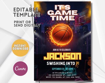 Neon Basketball Birthday Invitation: Glow Sports Party (5x7" Editable Template)