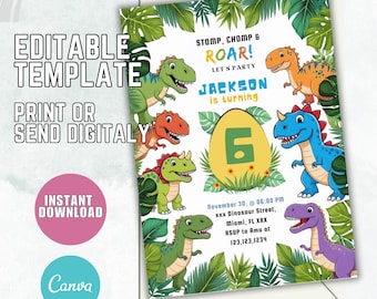 May include: Editable dinosaur birthday party invitation template with a green, yellow, orange, blue, and purple dinosaur illustration. The text reads "Stomp, Chomp & Roar! Let's Party Jackson is turning 6 November 30, 06:00 PM xxx Dinosaur Street, Miami, FL XXX RSUP to Amu at 123,123,1234"