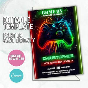 Video Game Party Invitation, EDITABLE Level Up Birthday Invite, Blue Neon Glow Invite, Glow Video Gamer Boy Template Arcade Party Invitation