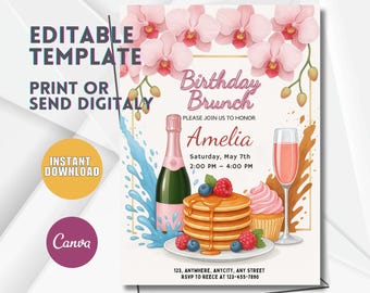Editable Birthday Brunch Invitation, Floral Party Invite (Digital Download)