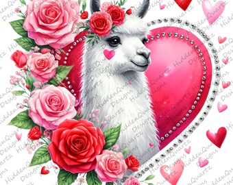 May include: A white llama with a pink heart behind it. The llama is wearing a crown of red and pink roses. The background is white with a pattern of hearts and the text "Hidden Quartz Designs".