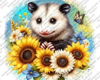 Possum PNG, projekty obrazów kwiatów Possum, opos cyfrowy, pobieranie clipartów, plik natychmiastowej grafiki, opos png, słonecznikowy possum,