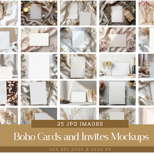 Pacote de maquete de cartão comemorativo, maquetes mínimas de convite estilo Boho, imagens de cartão flatlay para fotografia de designs digitais, cenários digitais bo01
