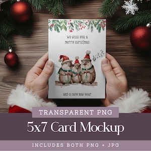 Transparent PNG Card Mockup, 5x7 Canva Mockup, Drag and Drop invitation Mock, Santa Holding Christmas Card Image, Easy to Use Mockups