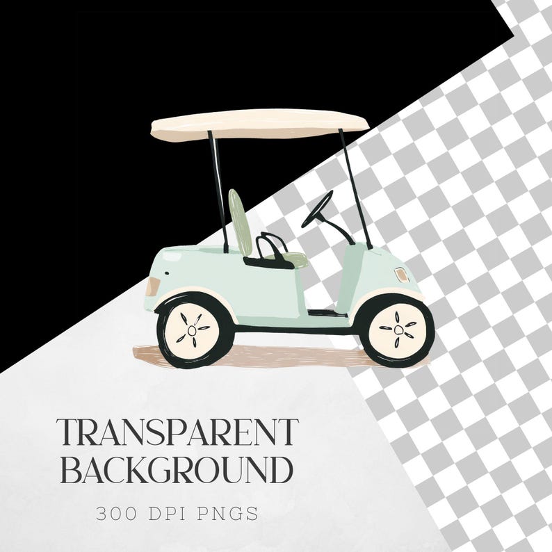 Puede incluir: Un carrito de golf azul claro con una capota blanca, ruedas negras y un volante negro. El carrito est&aacute; sobre un fondo a cuadros blanco y gris.