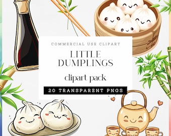 May include: A clipart pack of 20 transparent PNGs featuring cute cartoon dumplings, a teapot, teacups, chopsticks, and soy sauce. The text "LITTLE DUMPLINGS clipart pack" is written in black on a white background.