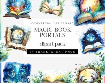 Uso comercial de lectura de fantasía PNG, imágenes de portal mágico de acuarela, paquete de imágenes prediseñadas para amantes de los libros, libro abierto para marcapáginas o diarios basura