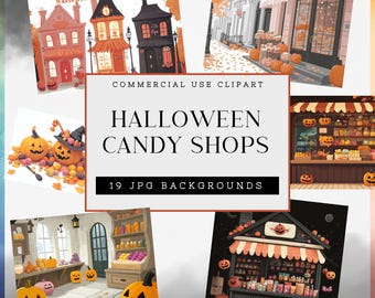 Halloween Candy Shop Papier-Set, Aquarell Candy Storefront, Sublimations-Designs, gruseliges Candy Art Halloween-Dekor, Grafiken für kommerzielle Nutzung
