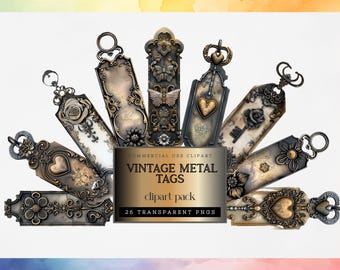 Vintage Rose und Herz Geschenkanhänger, viktorianischer Junk Journal Tags, Sofort Download Metall Schlüsselanhänger, Steampunk Ephemera, Kommerzielle Nutzung Clipart