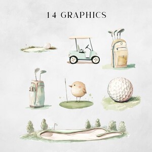 Puede incluir: Un conjunto de 14 ilustraciones de acuarela con tem&aacute;tica de golf. Las ilustraciones incluyen un carrito de golf, una bolsa de golf, pelotas de golf, un p&aacute;jaro y un campo de golf.