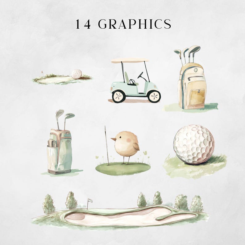 Puede incluir: Un conjunto de 14 ilustraciones de acuarela con tem&aacute;tica de golf. Las ilustraciones incluyen un carrito de golf, una bolsa de golf, pelotas de golf, un p&aacute;jaro y un campo de golf.