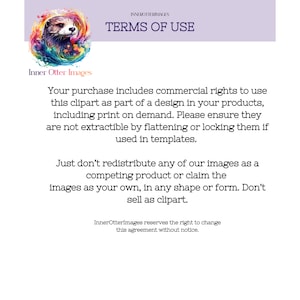 Puede incluir: T&eacute;rminos de uso para los derechos comerciales de uso de im&aacute;genes de clipart. El texto establece que la compra incluye los derechos comerciales para usar el clipart como parte de un dise&ntilde;o en productos, incluida la impresi&oacute;n bajo demanda. Tambi&eacute;n establece que las im&aacute;genes no se pueden redistribuir como un producto de la competencia o reclamar como propias.