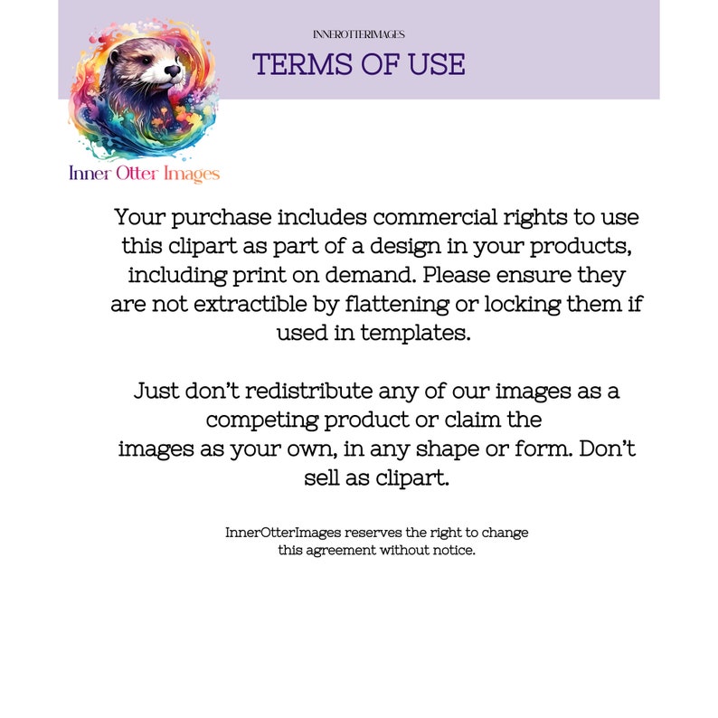 Puede incluir: T&eacute;rminos de uso para los derechos comerciales de uso de im&aacute;genes de clipart. El texto establece que la compra incluye los derechos comerciales para usar el clipart como parte de un dise&ntilde;o en productos, incluida la impresi&oacute;n bajo demanda. Tambi&eacute;n establece que las im&aacute;genes no se pueden redistribuir como un producto de la competencia o reclamar como propias.