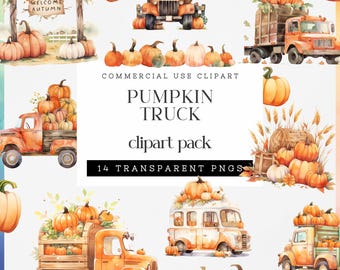 Aquarell Kürbis LKW Clipart, Herbst Landschaft Sofort Download, Herbst Kürbis Ernte, LKW mit Kürbisse Clipart für Sublimation
