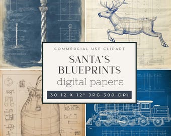 Vintage Blueprint Hintergrund, blaue Weihnachten, Santa Junk Journal Papiere, kommerzielle Nutzung Digital Pack, Sofort Download Geschenkpapier