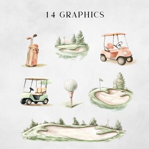 Puede incluir: Un conjunto de 14 ilustraciones de acuarela de art&iacute;culos con tem&aacute;tica de golf, que incluyen una bolsa de golf, un carrito de golf, una pelota de golf y un campo de golf verde.